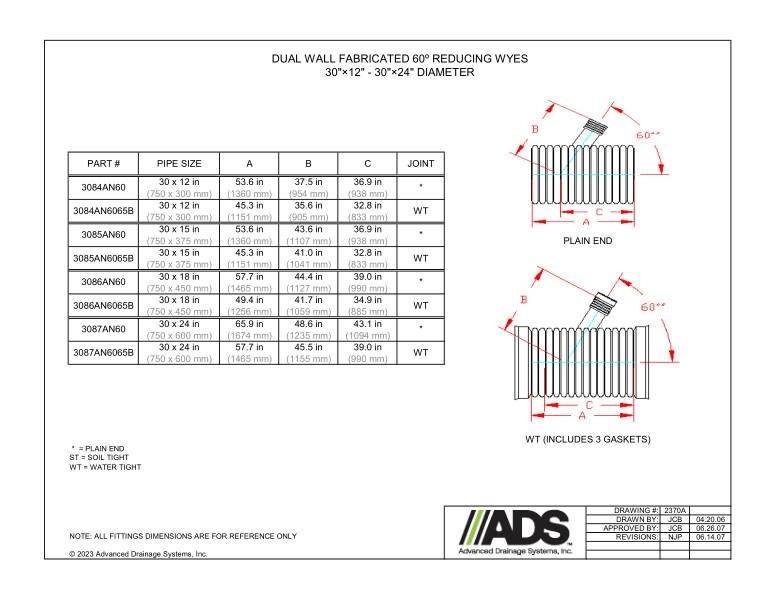 30" x 12" - 30" x 24" Fabricated 60 Degree Reducing WYES (HDPE Dual Wall Fabricated Wyes Fittings)