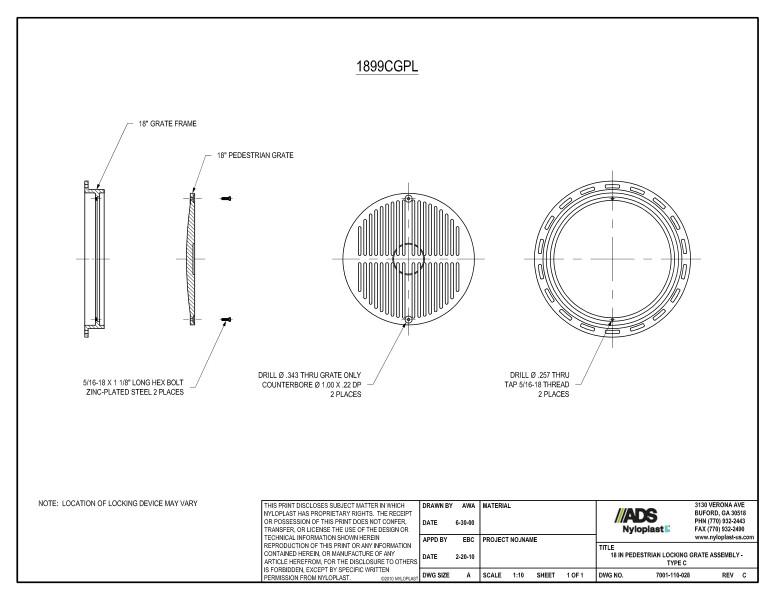 18" Pedestrian Locking Grate Assembly Nyloplast Detail