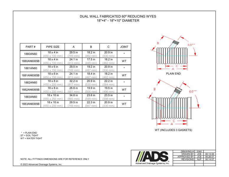 18" x 4" - 18" x 10" Fabricated 60 Degree Reducing Wyes (HDPE Dual Wall Fabricated Wyes Fittings)