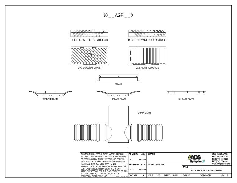 2' x 3' Nyloplast Roll Curb Inlet Family Detail