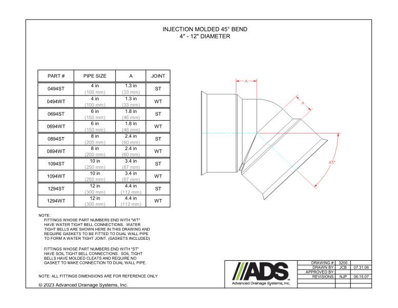 4" - 12" Injection Molded 45 Degree Bends (HDPE Dual Wall Injection Molded Bends Fittings)