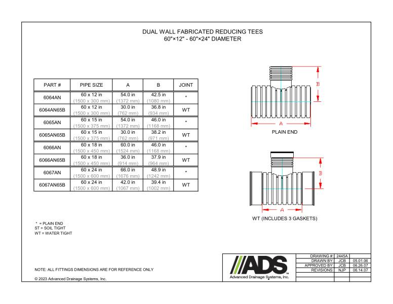 60" x 12" - 60" x 24" Fabricated Reducing Tees (HDPE Dual Wall Fabricated Tees Fittings)