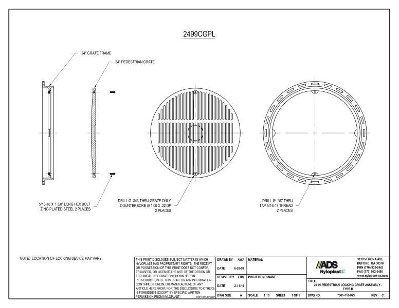 24" Pedestrian Locking Grate Assembly Nyloplast Detail