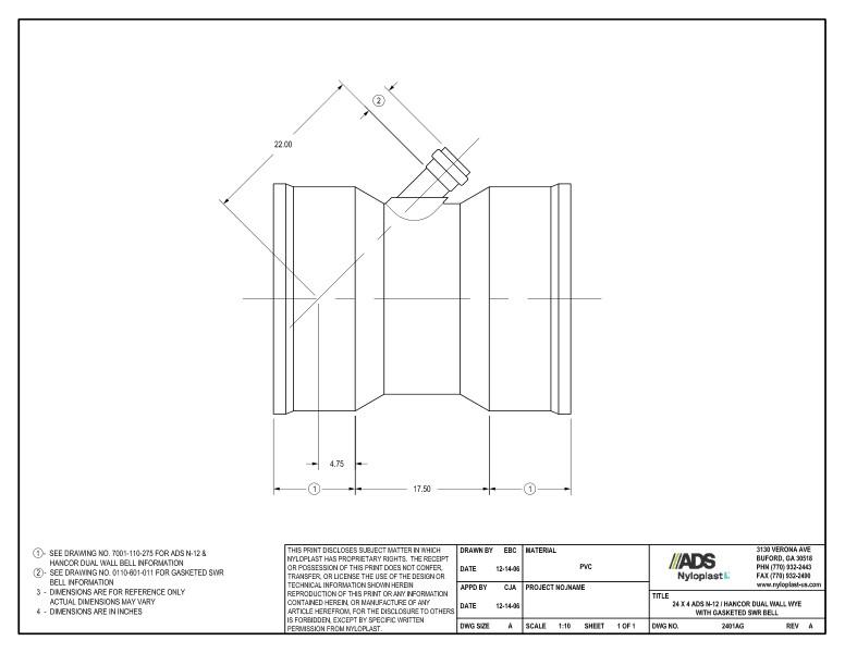 24 x 4 N-12 Dual Wall Wye with Gasketed SWR Bell Nyloplast Detail