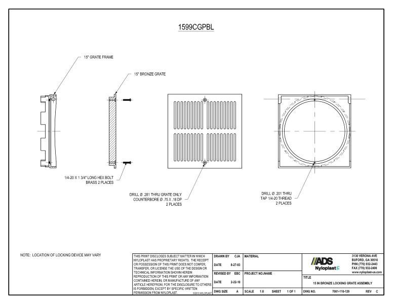 15" Bronze Locking Grate Assembly Nyloplast Detail