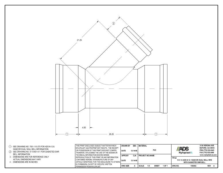 15 x 12 N-12 Dual Wall Wye with Gasketed SWR Bell Nyloplast Detail