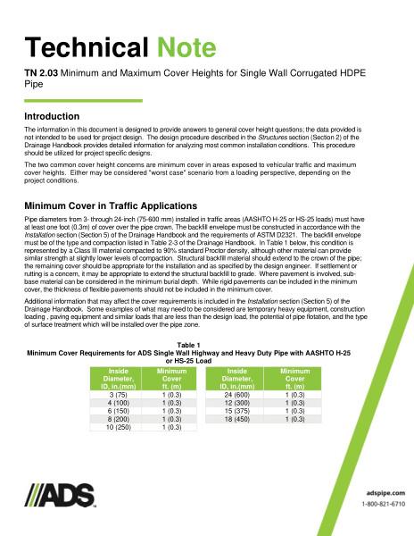 TN 2.03 Minimum and Maximum Cover Heights for Single Wall HDPE Pipe