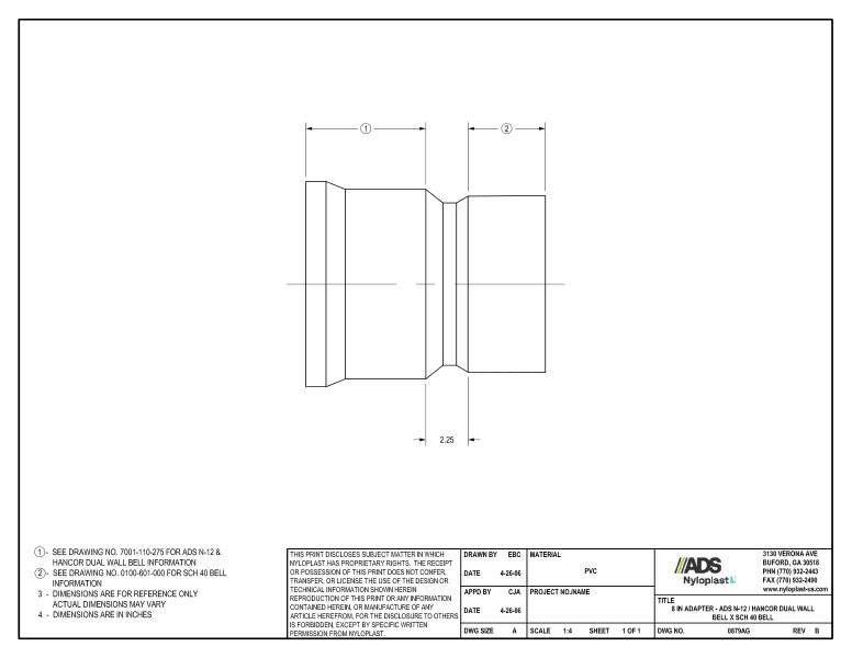 8" Adapter - N-12 Dual Wall Bell x SCH 40 Bell Nyloplast Detail
