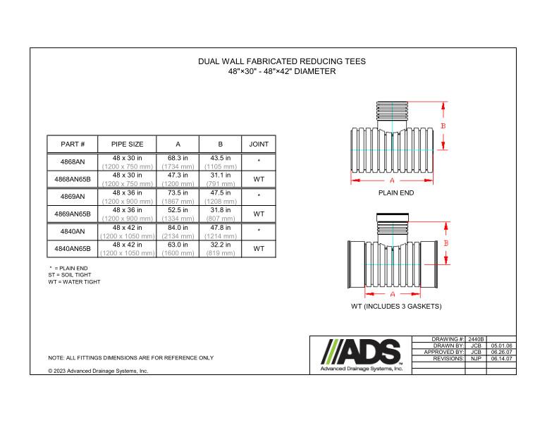 48" x 30" - 48" x 42" Fabricated Reducing Tees (HDPE Dual Wall Fabricated Tees Fittings)